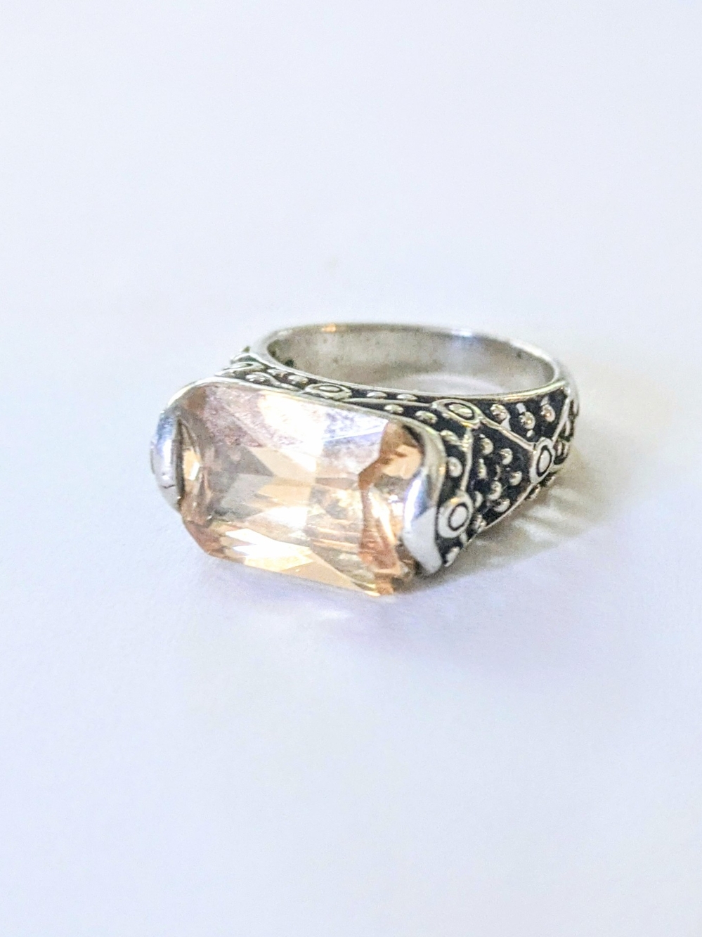 Sterling Silver Bali Style Emerald Cut Champagne C.Z. 925 Ring Size 5.75